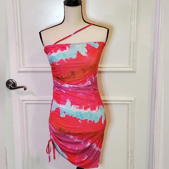 Pretty Little Thing Pink Multi Asymmetric Strap Ruched Bodycon Dress, Size 6 - Picture 9 of 16